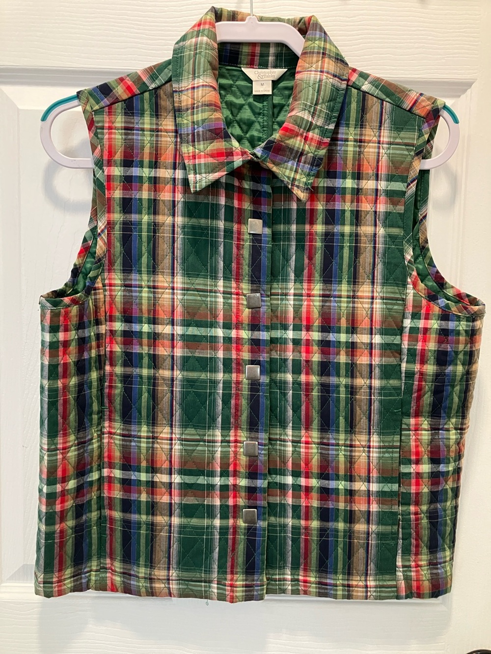 Christopher & Banks Quilted Plaid Vest in Green, Red, Navy